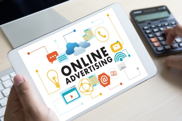 image is showing a tablet holding a bold text writing Online Advertising - Mastering Paid Advertising Strategies