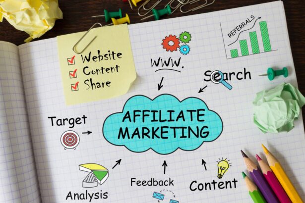 a page of a notebook is showing a text at the center which is "affiliate marketing" and some of the related factors around it, like : target, content, analysis, search, www, etc -Maximize Your Earnings: Expert Guidance on Affiliate Marketing Strategies and Techniques