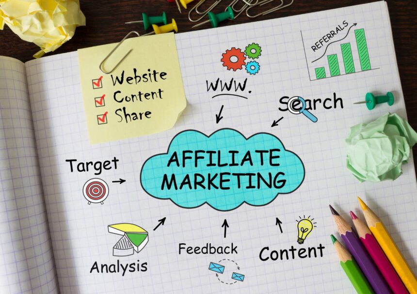 a page of a notebook is showing a text at the center which is "affiliate marketing" and some of the related factors around it, like : target, content, analysis, search, www, etc -Maximize Your Earnings: Expert Guidance on Affiliate Marketing Strategies and Techniques