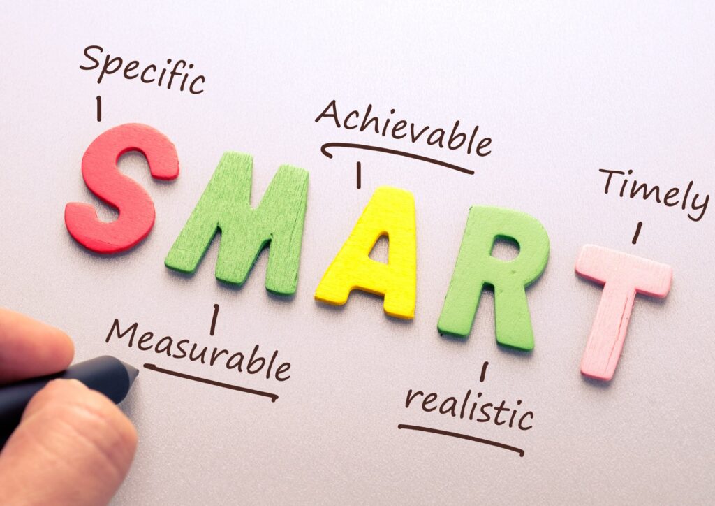 is showing the word "SMART" which in order each word stands for Specific, Measurable, Achievable, Realistic, Timely