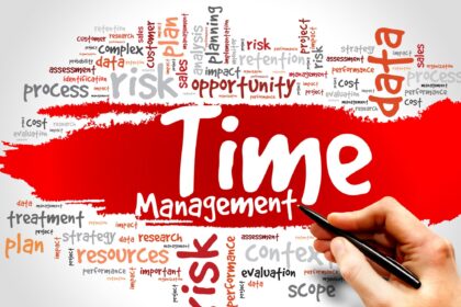 Time management : it's showing lot's of factors you should consider when you are managing your time. some of the words are : data, risk, sales, process, etc