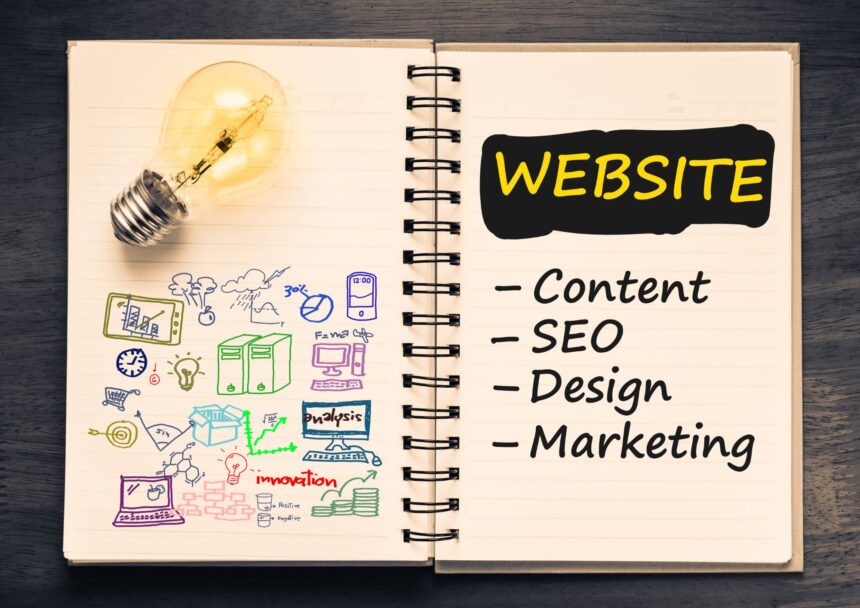 a notebook is showing a title which is website and some of the related topics like : Content, SEO, Design, Marketing - Create Your Own Website in Minutes: A Step-by-Step Guide for Beginners