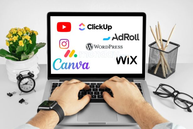 A laptop is showing some of the top digital brands like youtube, canva, monday.com, clickup, etc